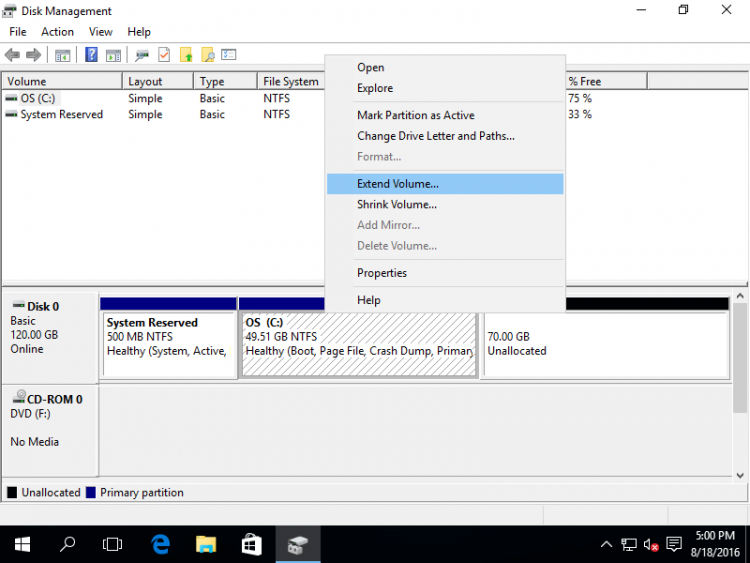 Extend partition in Windows Server 2016 without losing data